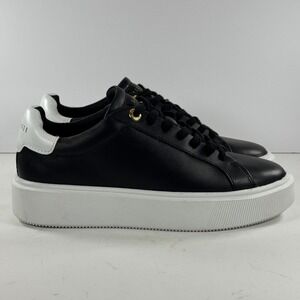 Ted Baker Lory Black Leather Platform Sneakers‎ Gold Accents Women's Size 7.5